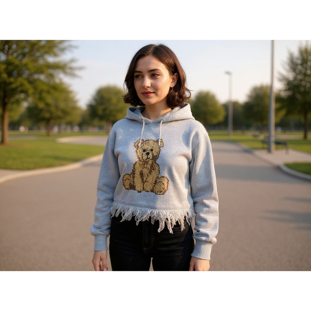 Just Polly New York Teddy Bear Knit Hoodie Light Blue Distressed Cropped Large